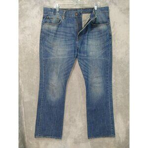 Gap Jeans Mens 38x32 Blue Denim Premium Boot Cut Dark Wash Mid Rise Distressed